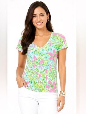 Lilly Pulitzer Womens Michele Coconut Grove Floral Bright V-Neck Tee SZ XS